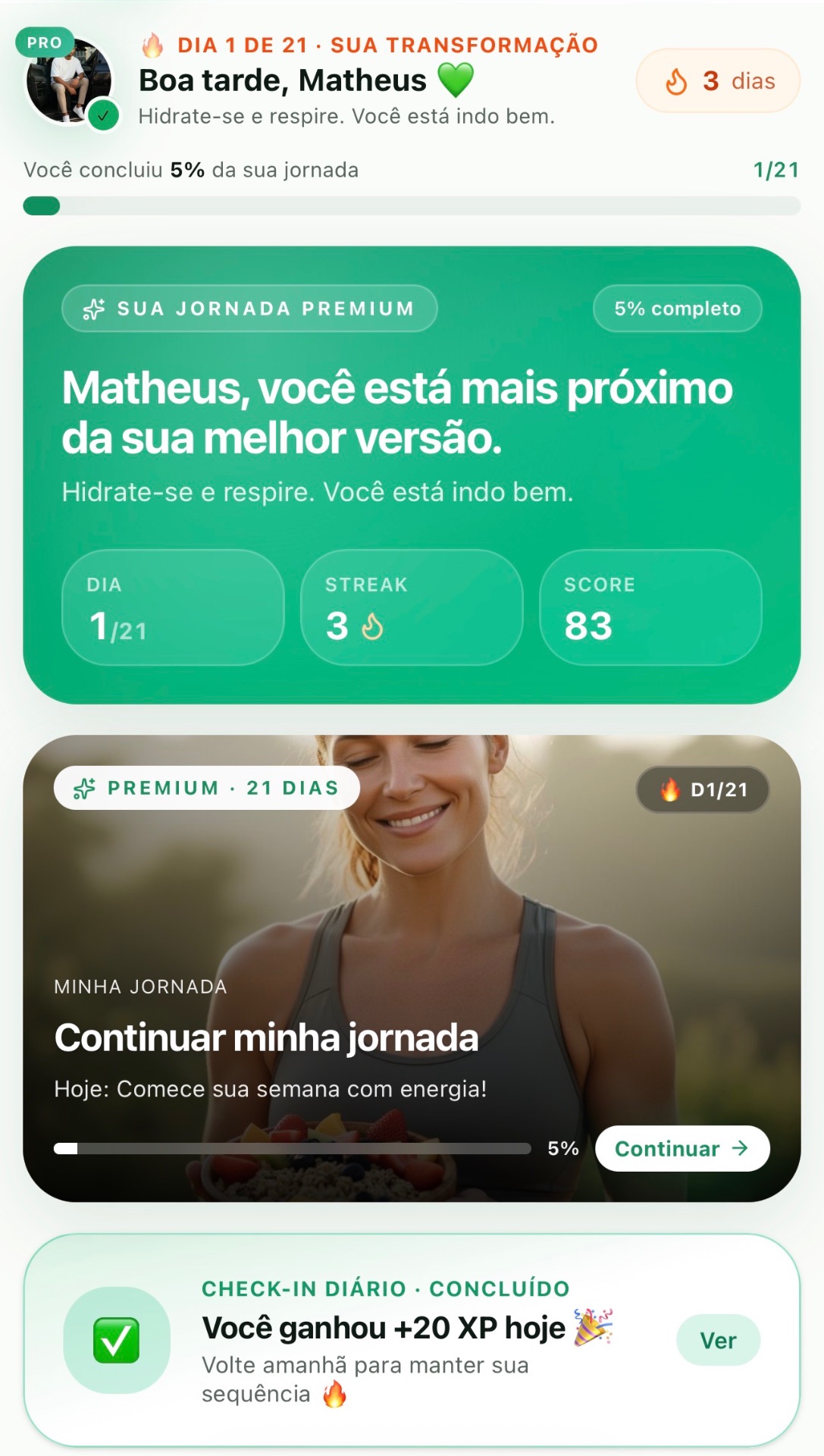Dashboard do app MOVA — jornada de 21 dias