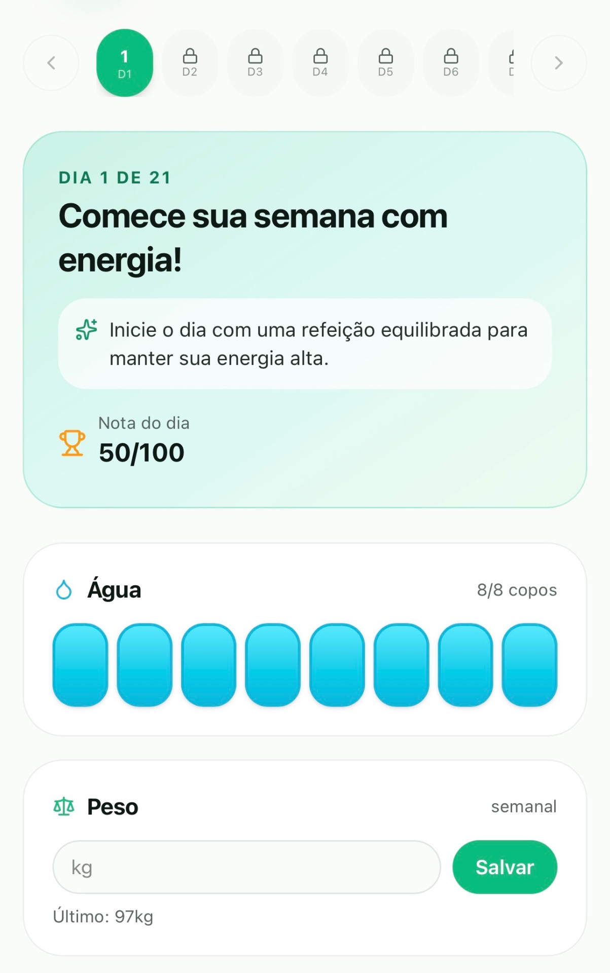 Progresso diário no app — água, peso e nota do dia