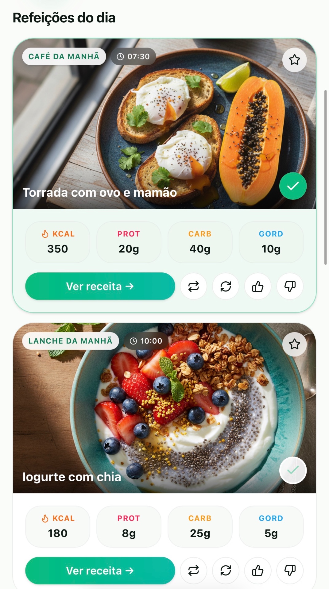 Refeições do dia no app — café da manhã, lanche, almoço e jantar